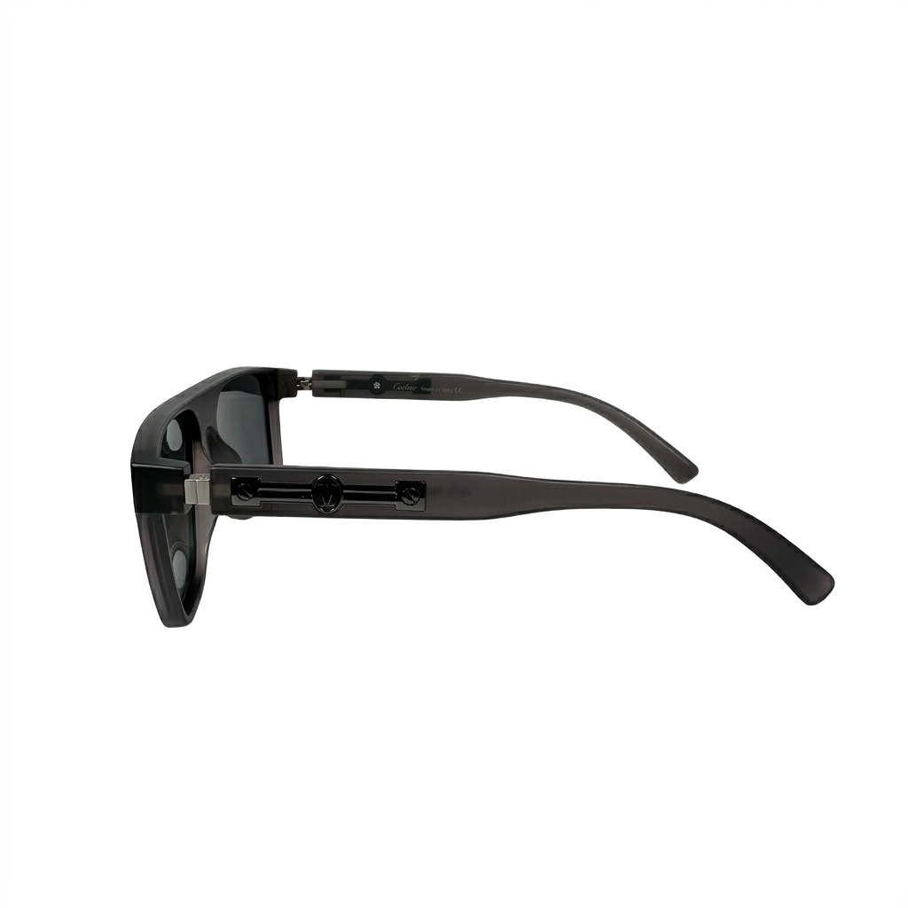 Image of Cartier-Style Matte Black Flat-Top Square Sunglasses | Polarized Gray Lenses & Gunmetal Temple Detail | UV400 Protection