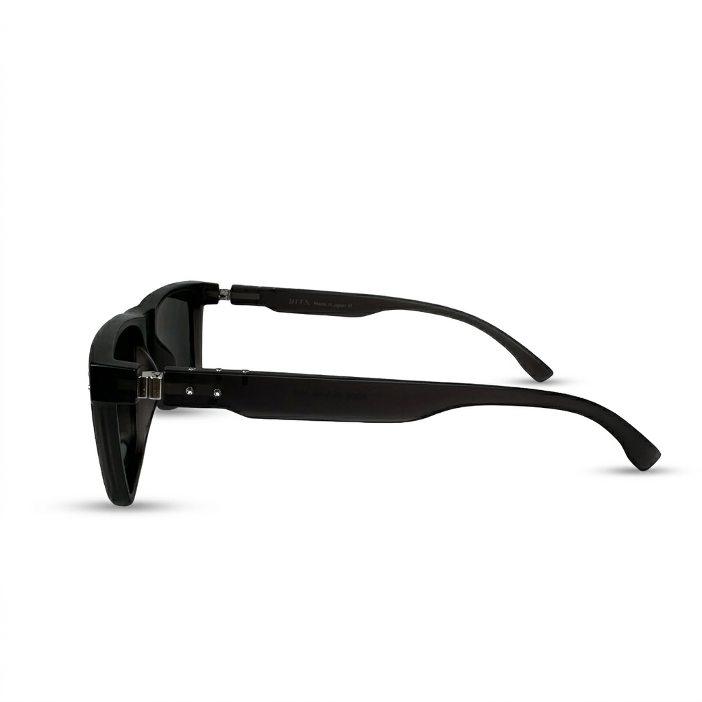 Image of DITA-Style Glossy Black Square Sunglasses | Polarized Gray Lenses & Silver Rivet Detailing | UV400 Protection