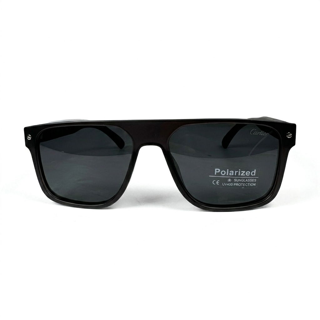 Image of Cartier-Style Matte Black Flat-Top Square Sunglasses | Polarized Gray Lenses & Gunmetal Temple Detail | UV400 Protection