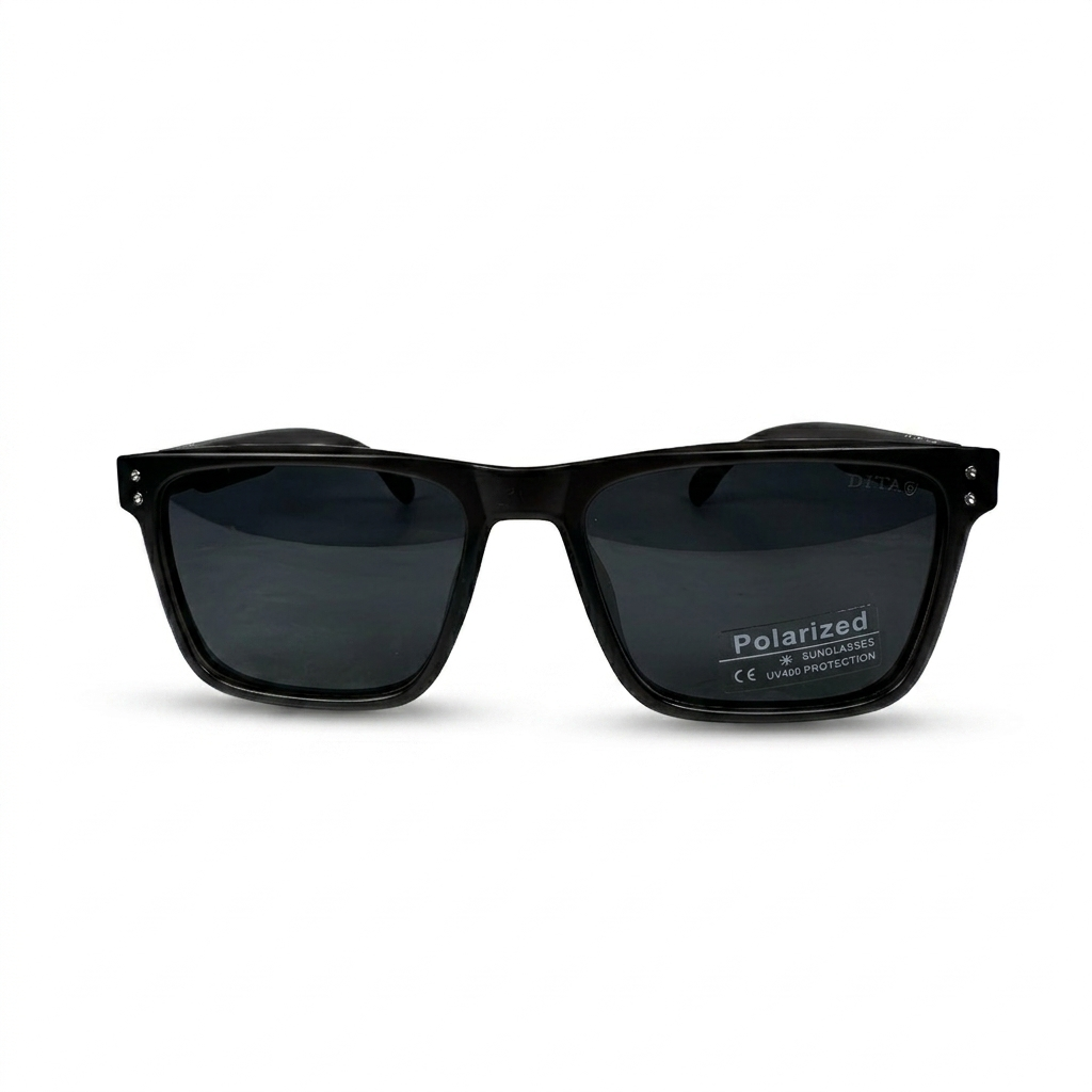 Image of DITA-Style Glossy Black Square Sunglasses | Polarized Gray Lenses & Silver Rivet Detailing | UV400 Protection