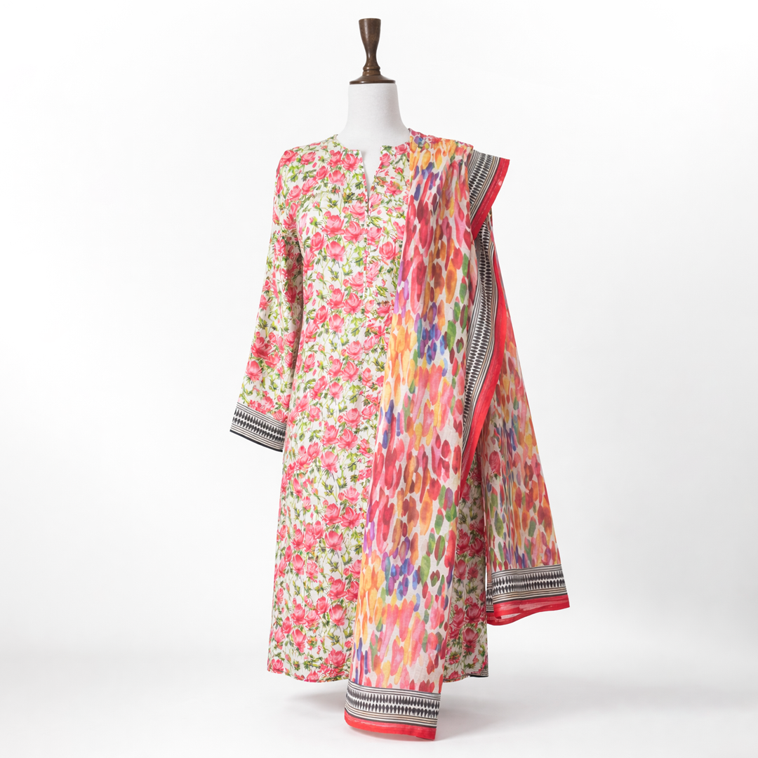 Image of Sapphire Floral Silk Shirt with Cotton Dupatta