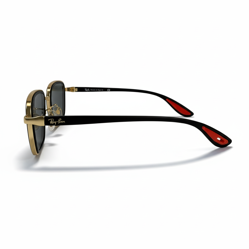 Image of Ray-Ban Style Gold & Black Square Navigator Sunglasses | Gray Lenses & Red Temple Tips | Unisex Designer Look