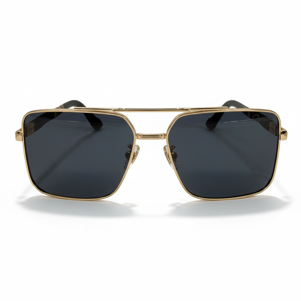 Image of Cartier-Style Gold Square Navigator Sunglasses | Dark Gray Lenses & Black Temples | Unisex Luxury Aviator