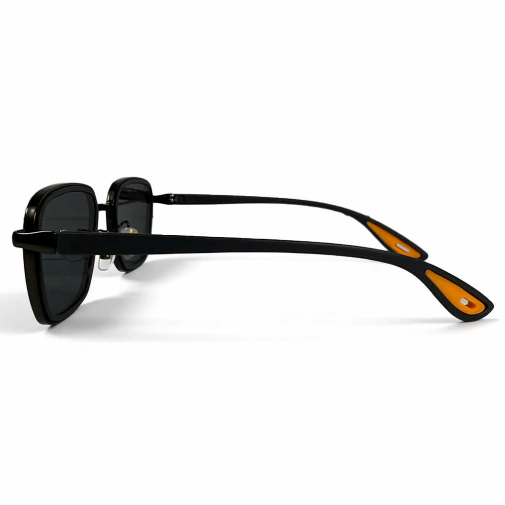 Image of Ray-Ban Style Matte Black Square Sunglasses | Dark Gray Lenses & Orange Temple Accents (Unisex)