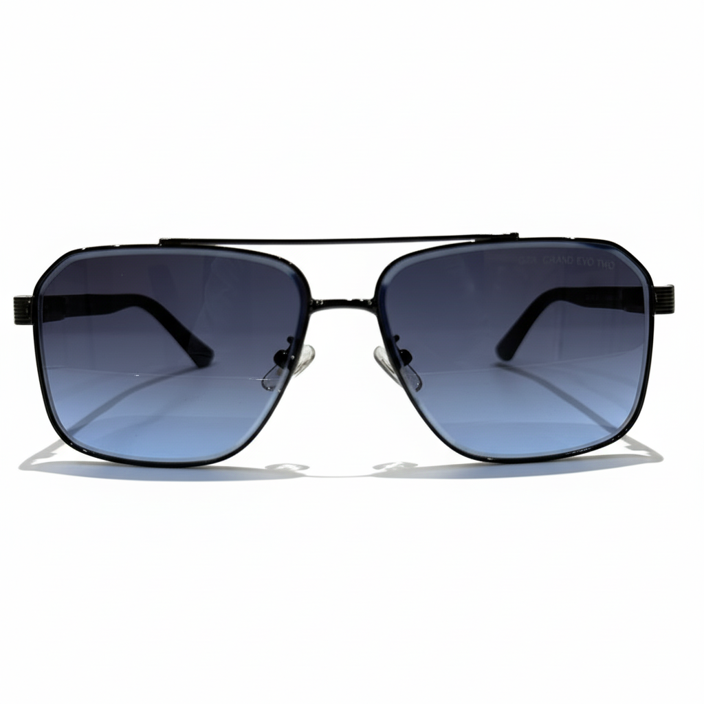 Image of Modern Black Aviator Shield Sunglasses - Square Metal Frame with Blue Gradient Lenses