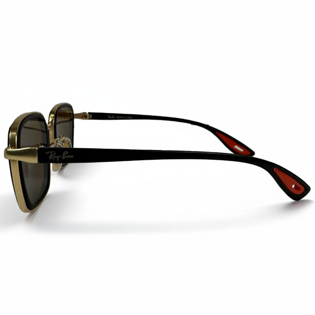 Image of Ray-Ban Style Gold & Black Square Sunglasses | Brown Lenses with Red Temple Tips | Unisex Designer Look
