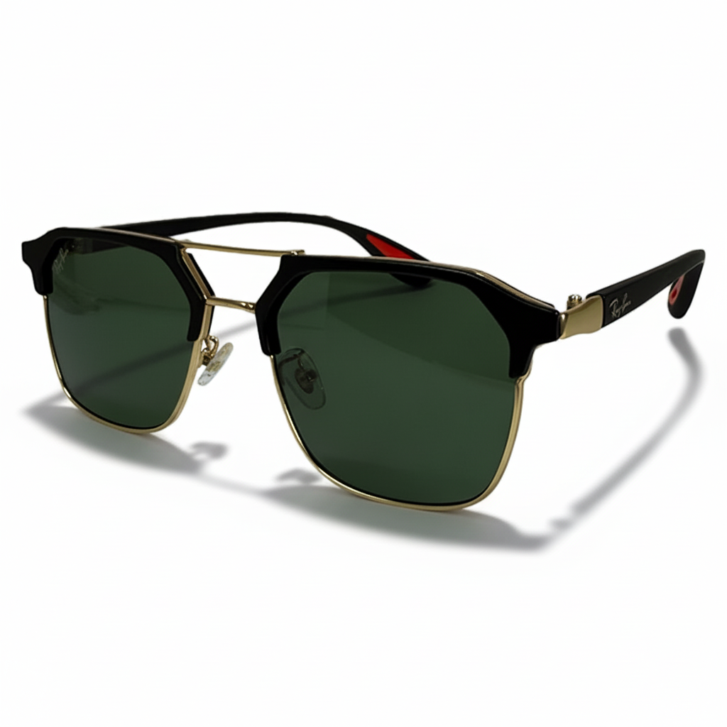 Image of Ray-Ban Style Double-Bridge Square Sunglasses | Black & Gold Frame with G-15 Green Lenses (Unisex)