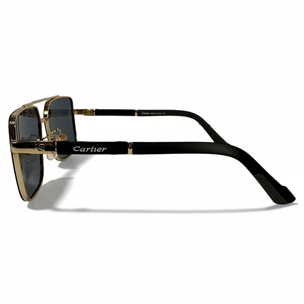 Image of Cartier-Style Gold Square Navigator Sunglasses | Dark Gray Lenses & Black Temples | Unisex Luxury Aviator