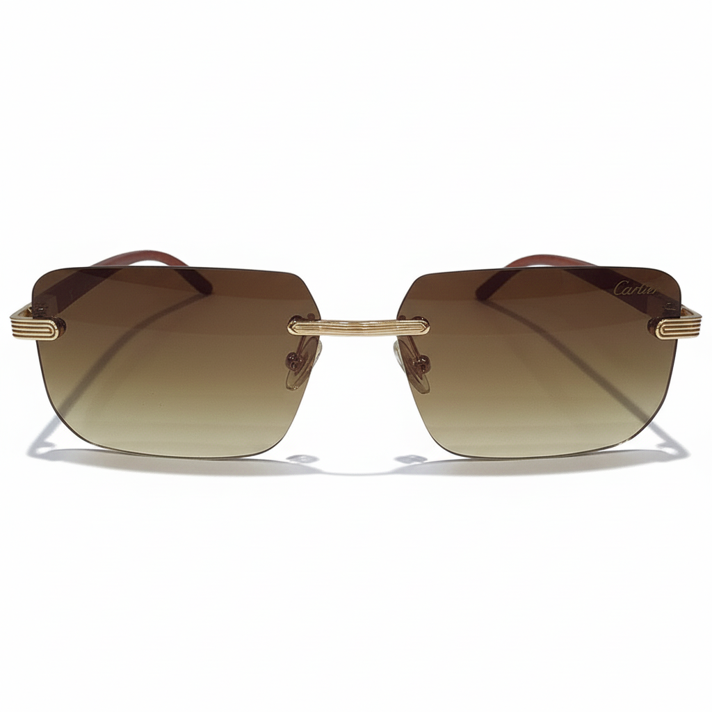Image of Luxury Inspired Rimless Square Sunglasses for Men – Brown Lenses with Gold Frame & Wood-Finish Arms