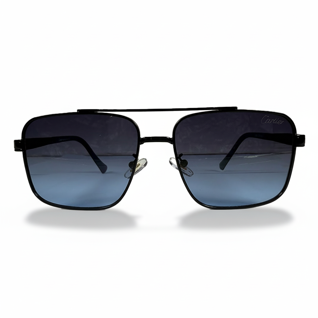 Image of Cartier-Style Black Square Navigator Sunglasses | Blue Gradient Lenses & Double Bridge | Men’s Luxury Aviator