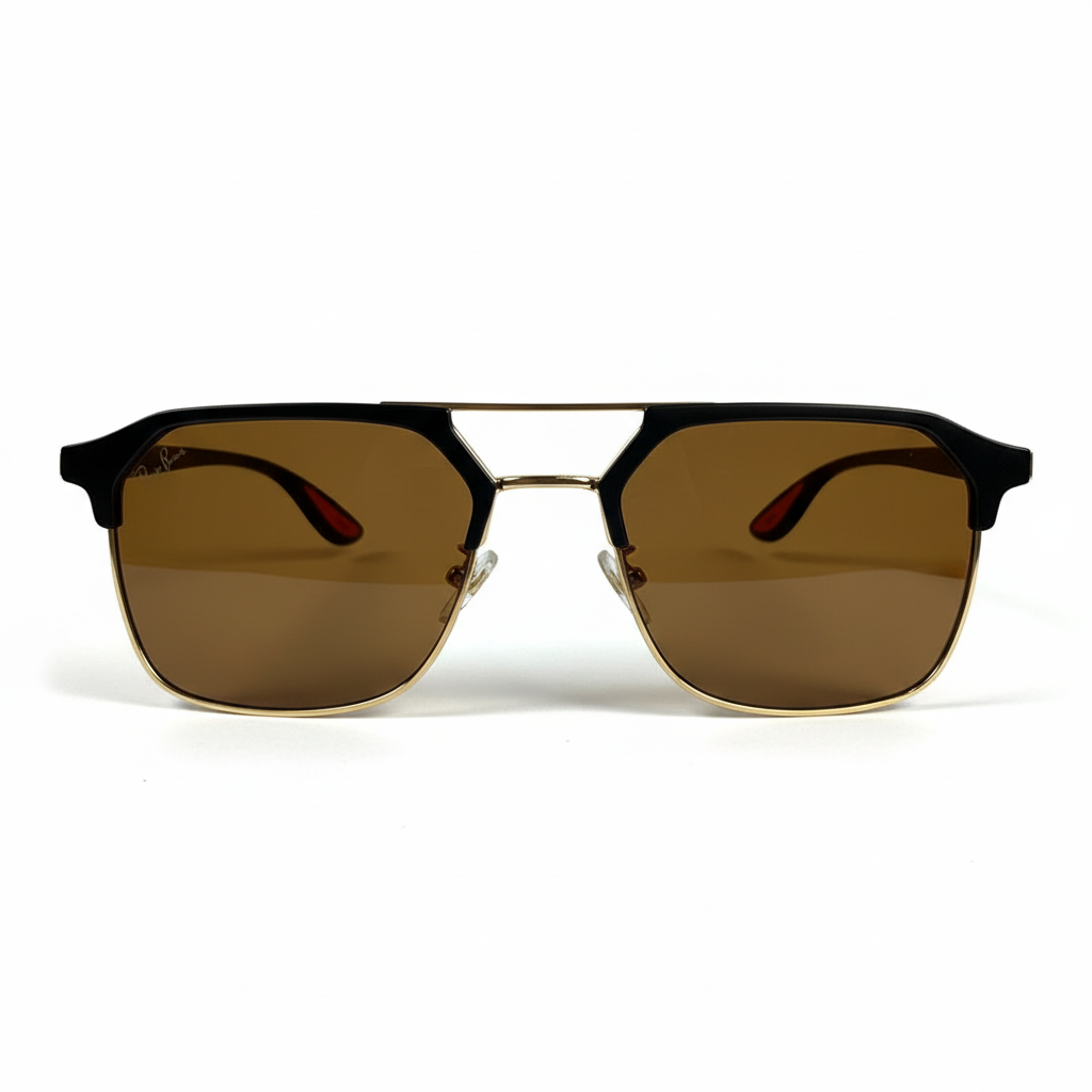 Image of Ray-Ban Style Black & Gold Square Navigator Sunglasses | Brown Lenses & Double Bridge | Unisex Designer Look