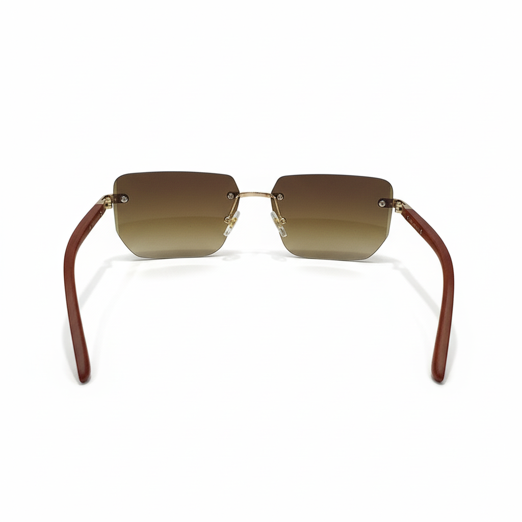 Image of Luxury Inspired Rimless Square Sunglasses for Men – Brown Lenses with Gold Frame & Wood-Finish Arms
