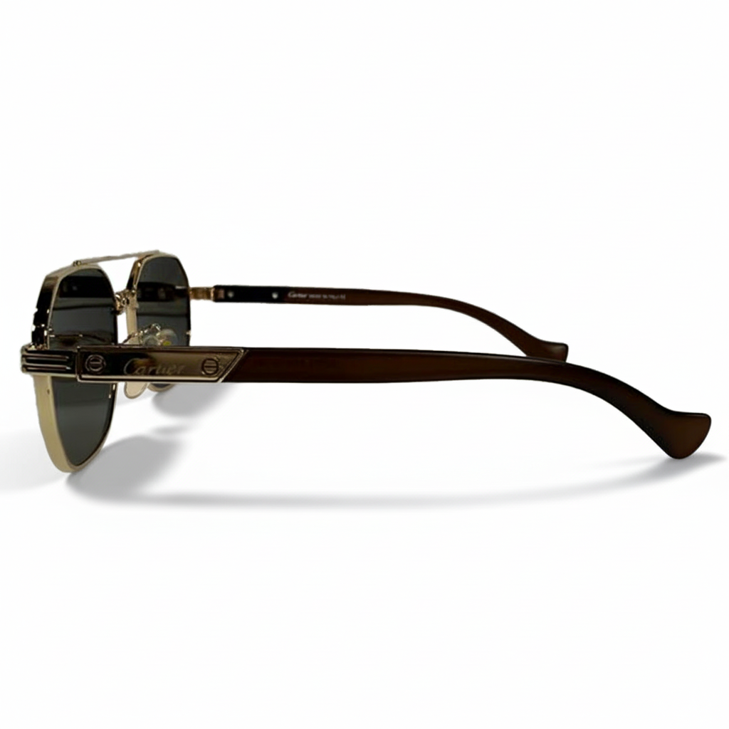 Image of Cartier-Style Gold Hexagonal Navigator Sunglasses | Dark Gray Gradient Lenses & Brown Temples | Men’s Luxury Aviator