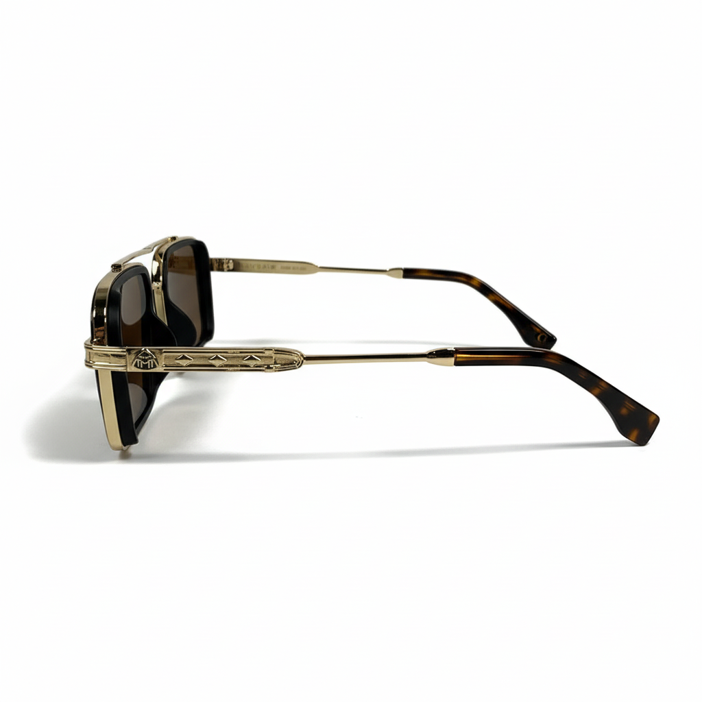 Image of Maybach-Style Gold & Black Square Navigator Sunglasses | Brown Lenses & Double Bridge | Men’s Luxury Statement Shades