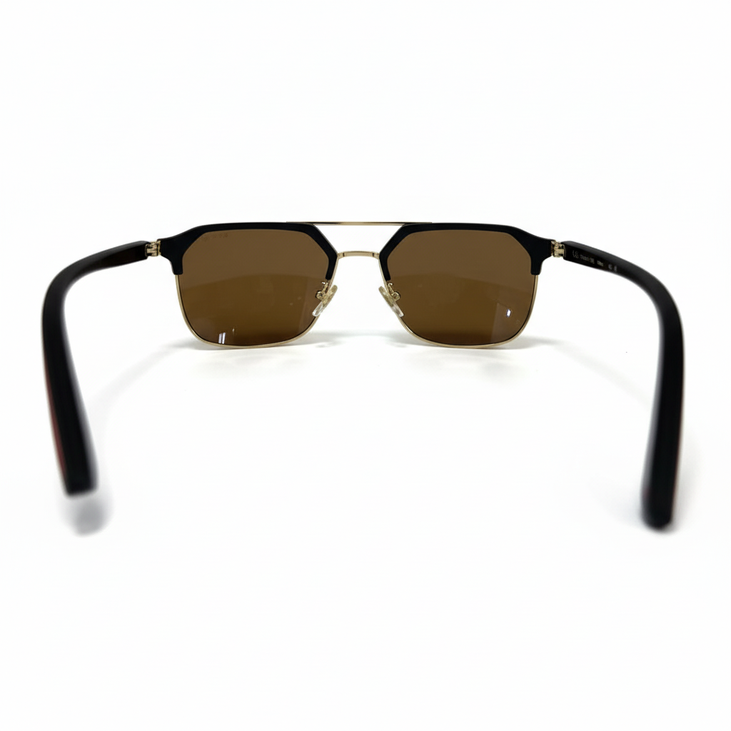 Image of Ray-Ban Style Black & Gold Square Navigator Sunglasses | Brown Lenses & Double Bridge | Unisex Designer Look