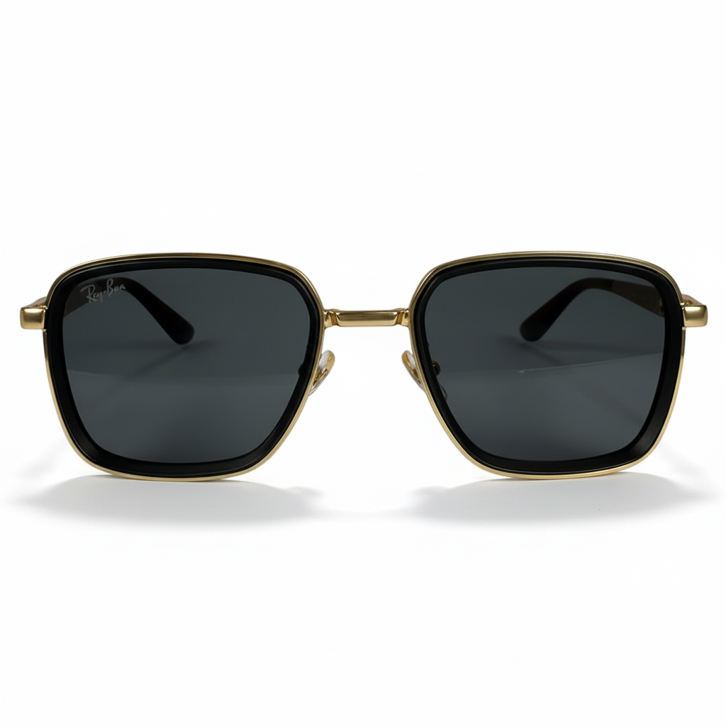 Image of Ray-Ban Style Gold & Black Square Navigator Sunglasses | Gray Lenses & Red Temple Tips | Unisex Designer Look