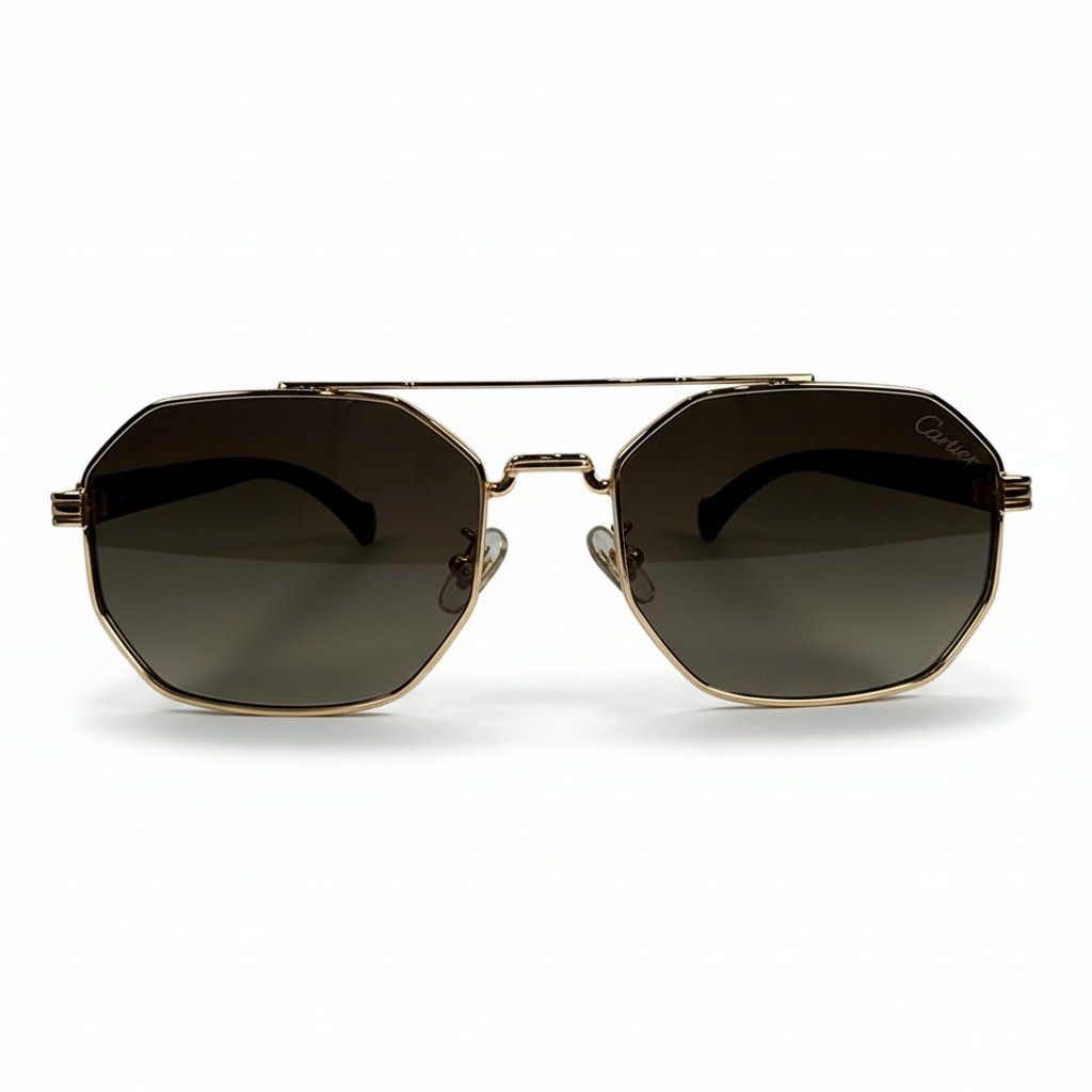 Image of Cartier-Style Gold Hexagonal Navigator Sunglasses | Dark Gray Gradient Lenses & Brown Temples | Men’s Luxury Aviator