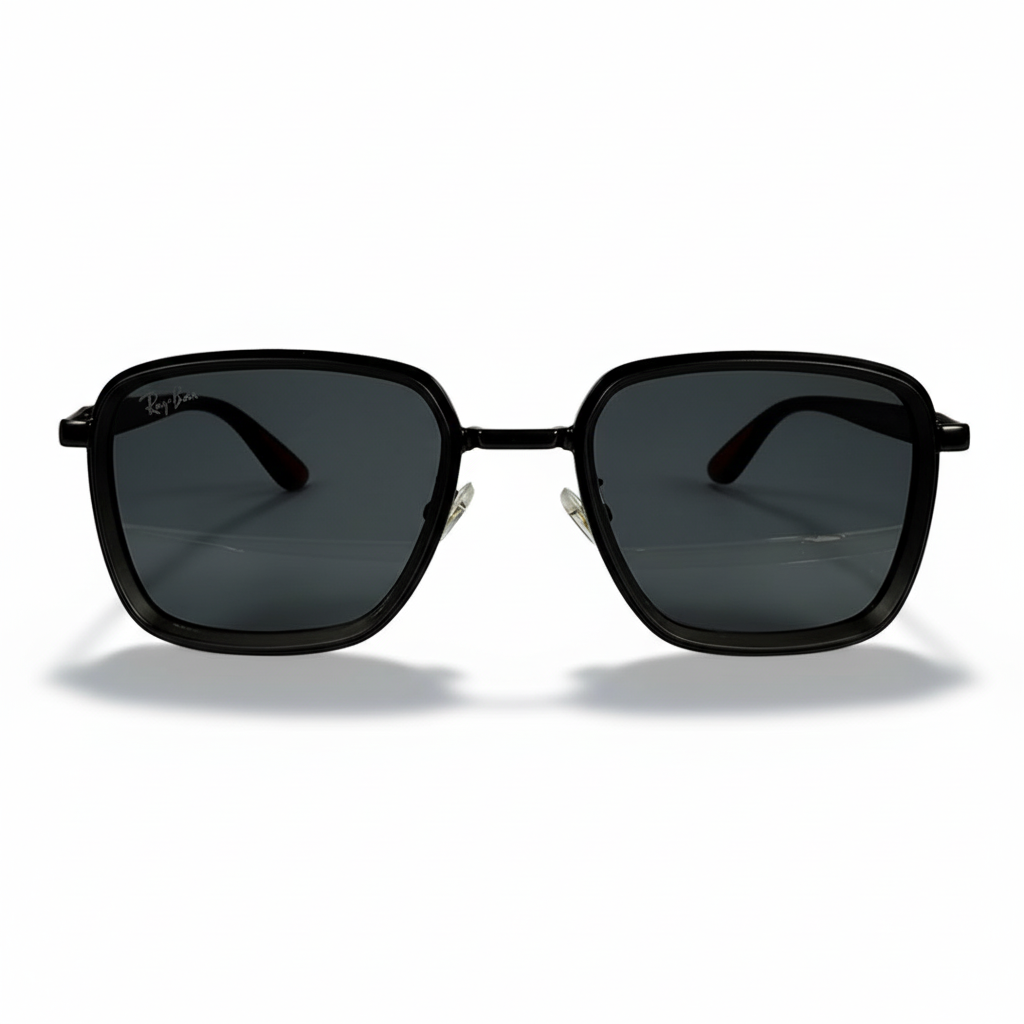 Image of Ray-Ban Style Black Square Navigator Sunglasses | Dark Gray Lenses with Red Temple Tips (Unisex)