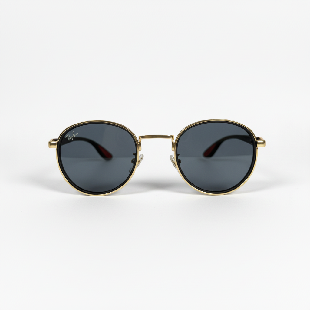 Image of Round Gold-Black Metal Sunglasses | Unisex Retro Circle Frame with Dark Gray Lenses