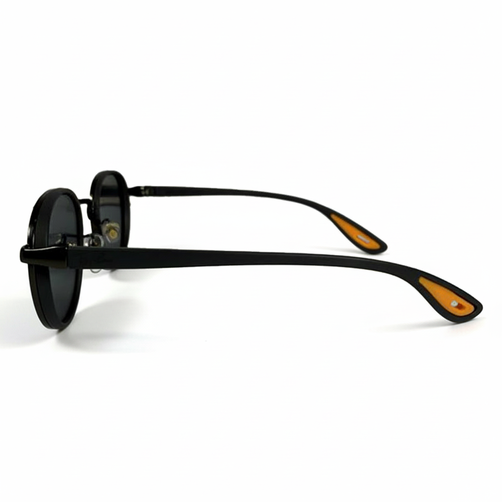 Image of Ray-Ban Style Round Metal Sunglasses | Matte Black Frame with Dark Gray Lenses & Orange Temple Accents (Unisex)