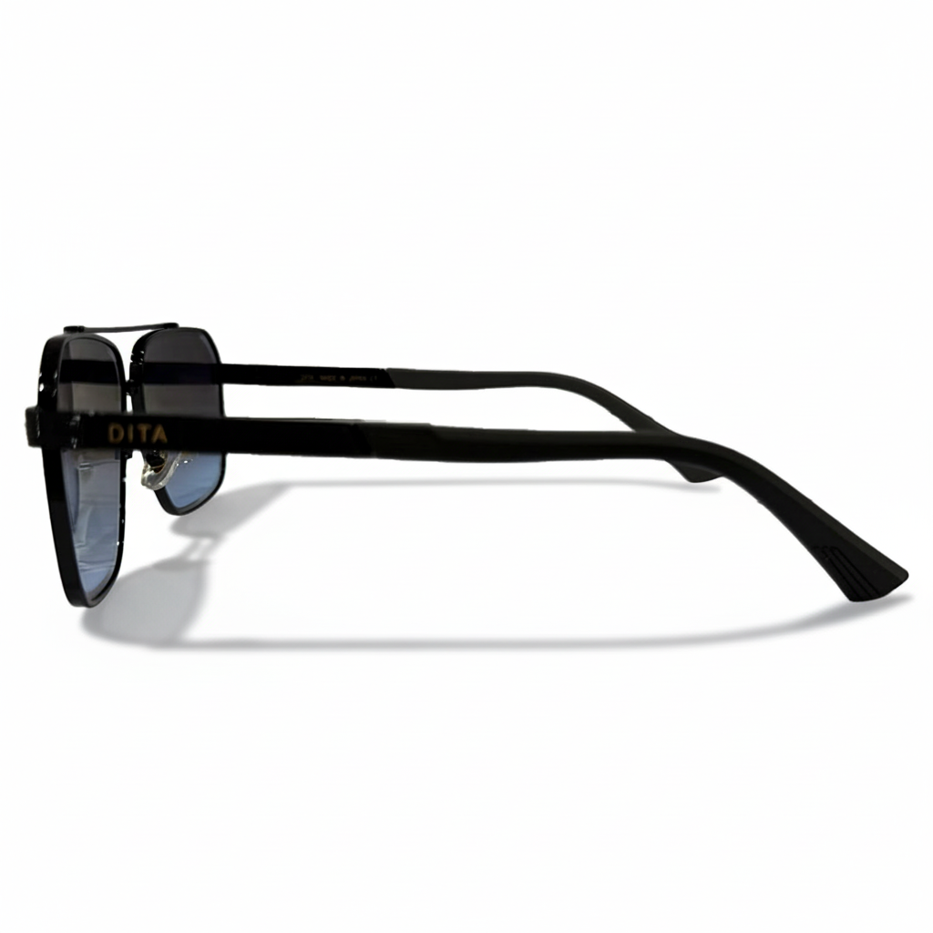Image of Modern Black Aviator Shield Sunglasses - Square Metal Frame with Blue Gradient Lenses