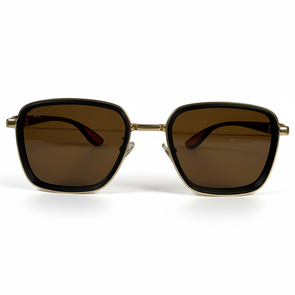 Image of Ray-Ban Style Gold & Black Square Sunglasses | Brown Lenses with Red Temple Tips | Unisex Designer Look