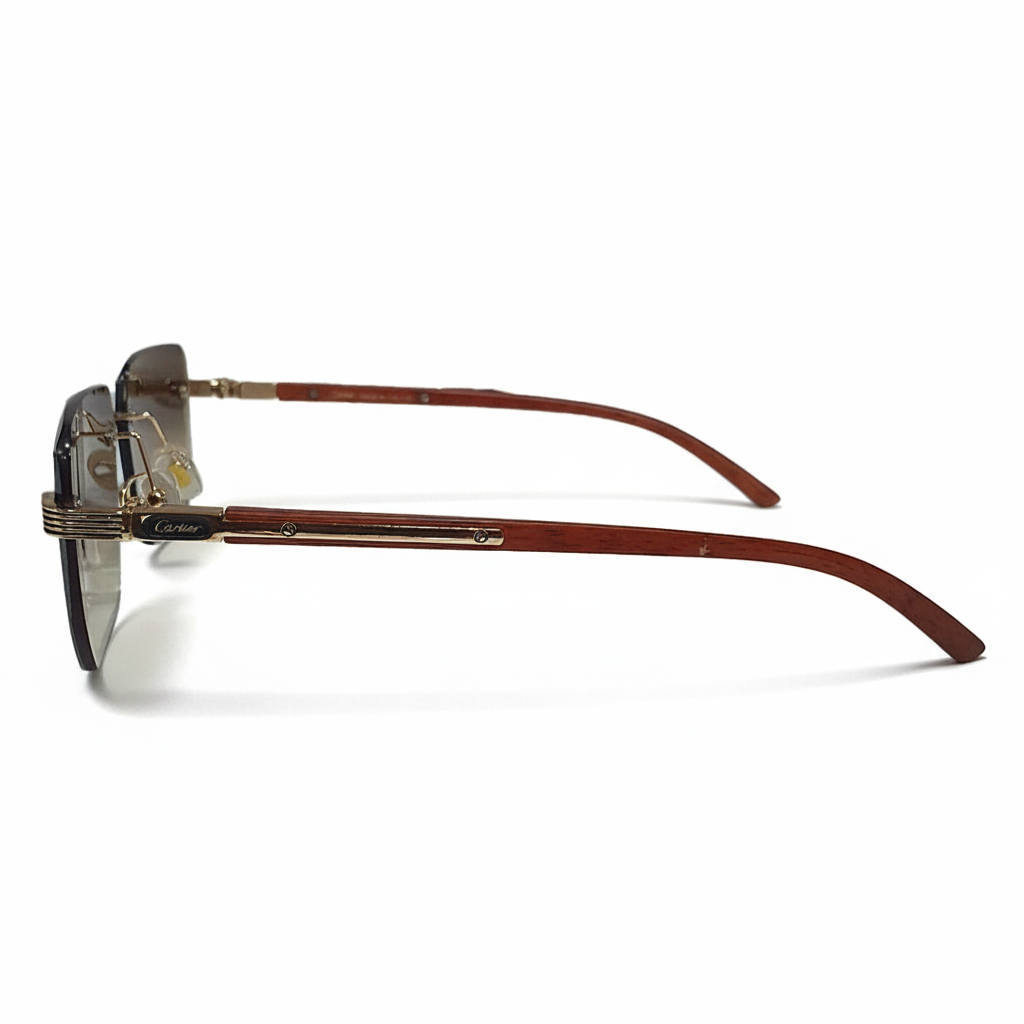 Image of Luxury Inspired Rimless Square Sunglasses for Men – Brown Lenses with Gold Frame & Wood-Finish Arms