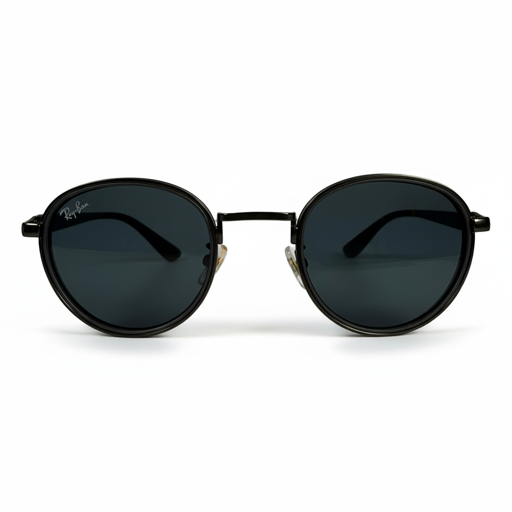 Image of Ray-Ban Style Round Metal Sunglasses | Matte Black Frame with Dark Gray Lenses & Orange Temple Accents (Unisex)
