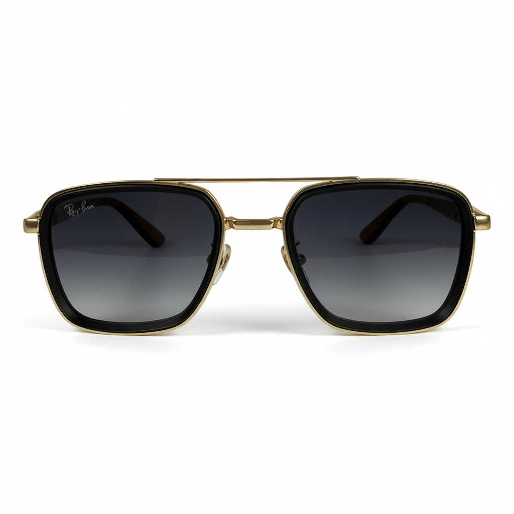 Image of Ray-Ban Style Gold & Black Square Navigator Sunglasses | Gray Gradient Lenses & Double Bridge | Unisex Designer Look