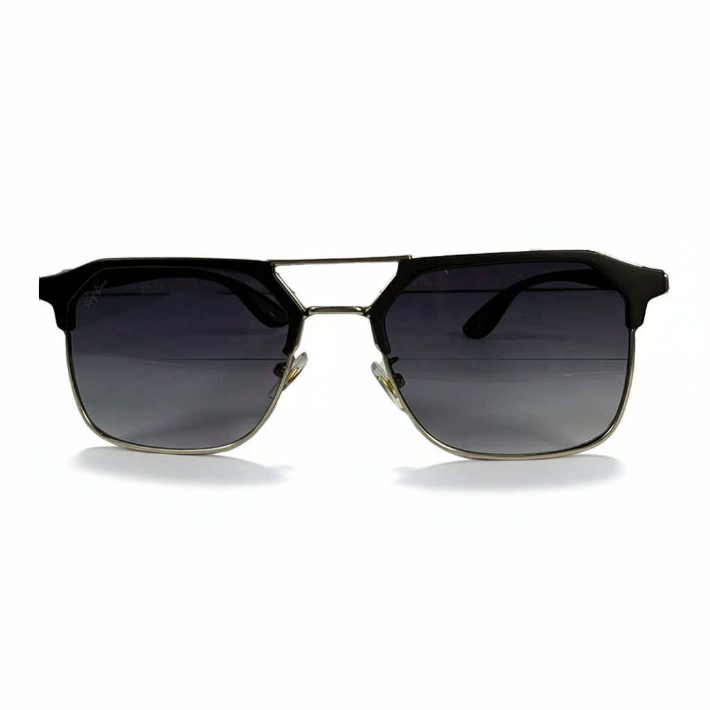 Image of Ray-Ban Style Double-Bridge Square Sunglasses | Black & Silver Frame with Gray Gradient Lenses (Unisex)