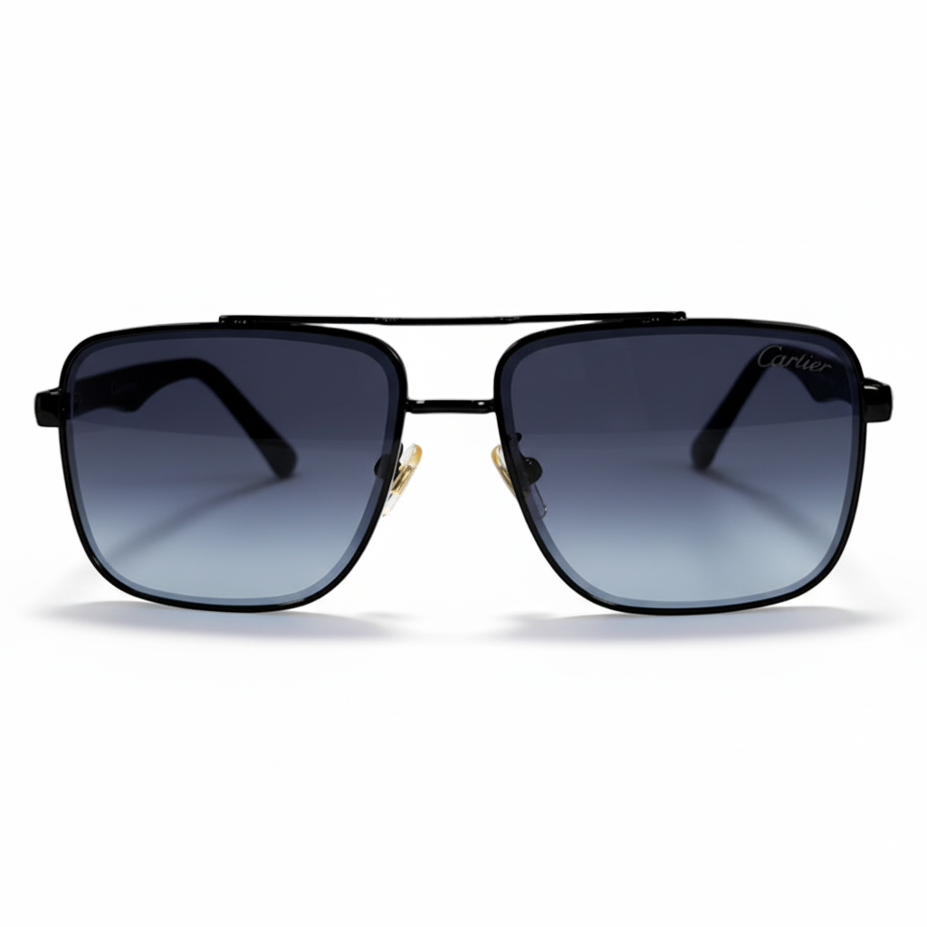 Image of Cartier-Style Matte Black Navigator Sunglasses | Blue Gradient Lenses & Double Bridge | Men’s Luxury Square Frame