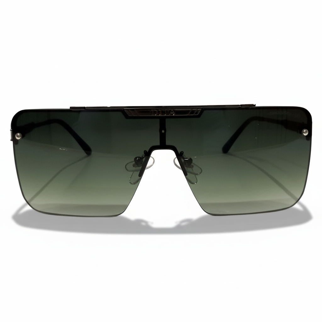 Image of Modern Shield Sunglasses - Black Metal Frame with Green Gradient Lens & Rimless Design
