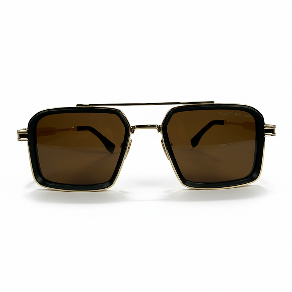 Image of Maybach-Style Gold & Black Square Navigator Sunglasses | Brown Lenses & Double Bridge | Men’s Luxury Statement Shades