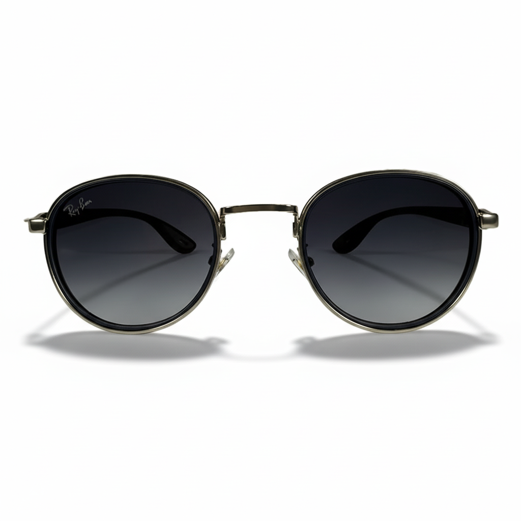 Image of Ray-Ban Style Round Metal Sunglasses | Silver & Black Frame with Gray Gradient Lenses (Unisex)