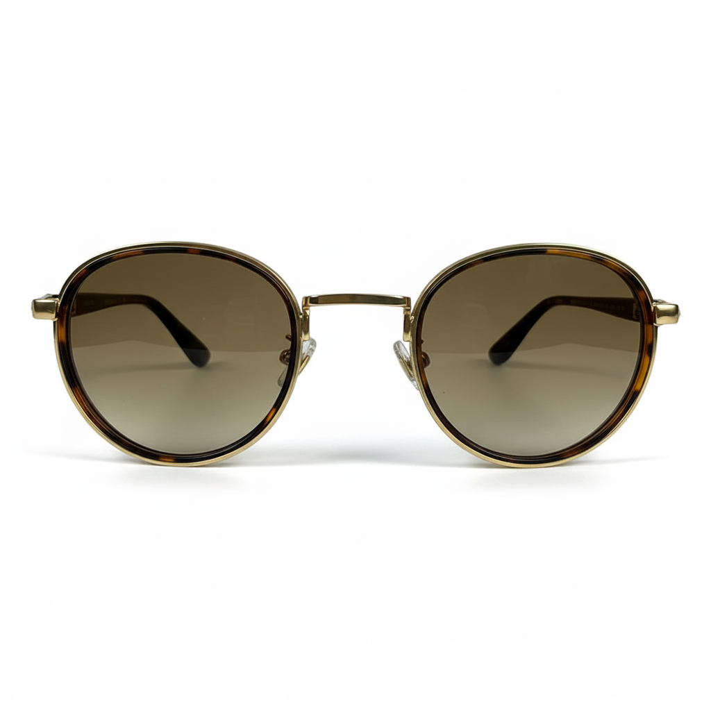 Image of Ray-Ban Style Round Metal Sunglasses | Gold Frame with Tortoise Rim & Brown Gradient Lenses (Unisex)