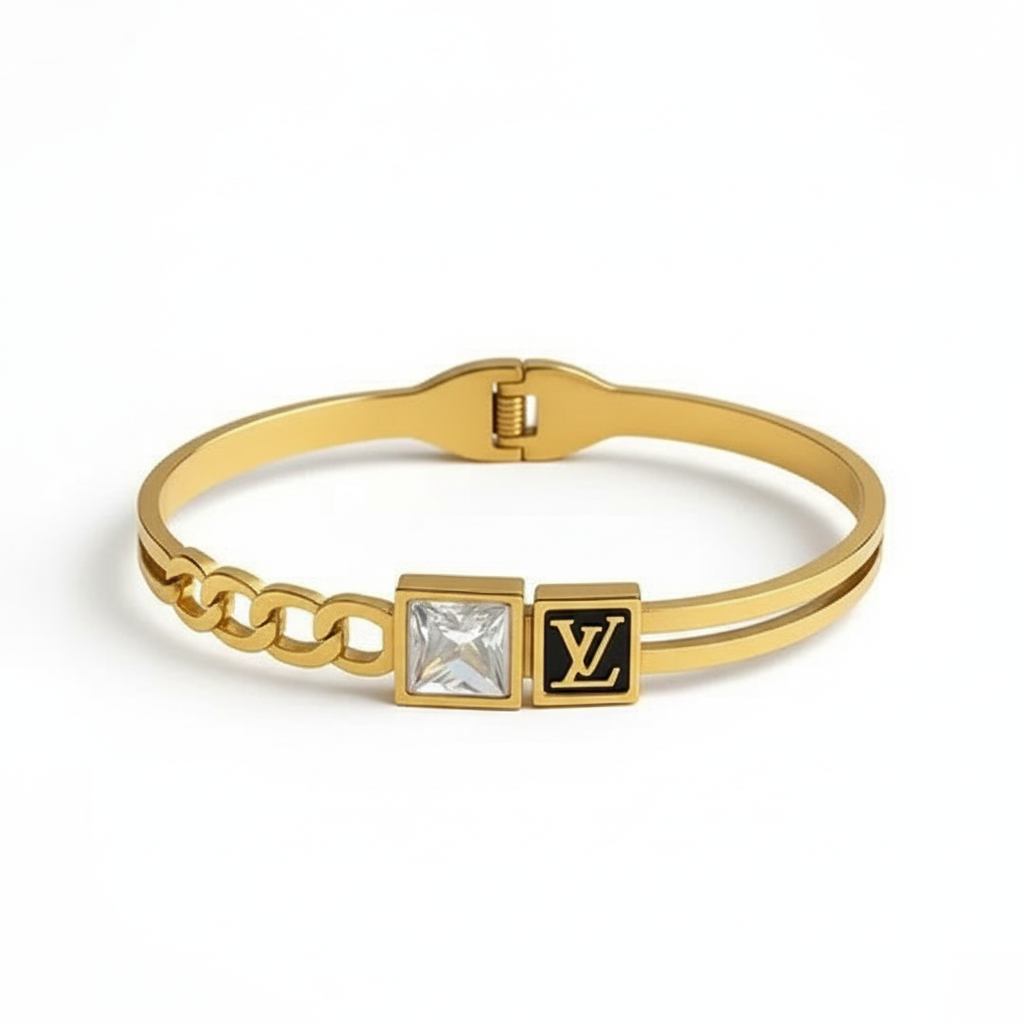 Image of Luxury Gold Plated Designer-Style Chain Cuff Bracelet with Square Crystal Detail