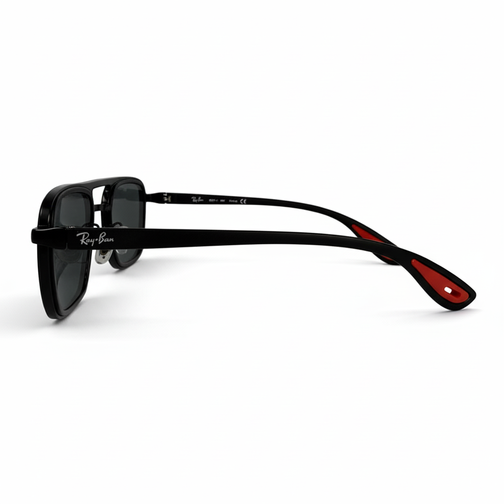 Image of Ray-Ban Style Black Square Navigator Sunglasses | Dark Gray Lenses with Red Temple Tips (Unisex)