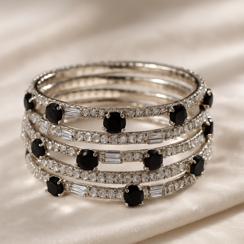 Image of Elegant Black & Crystal SIlver Bangals (Size: 2.5)